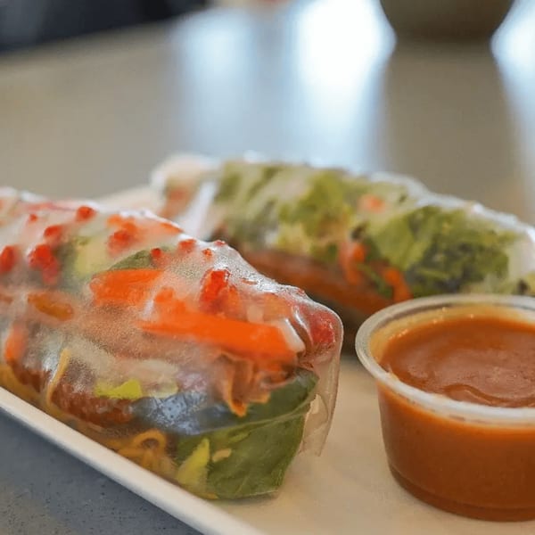 Two fresh Vietnamese spring rolls with colorful fillings and a side of dipping sauce.
